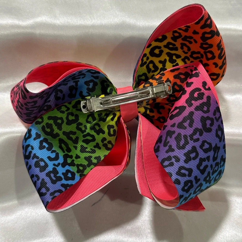 Rainbow Leopard Print Hair Bow with Pink Accent- bundle 2+ and save on shipping